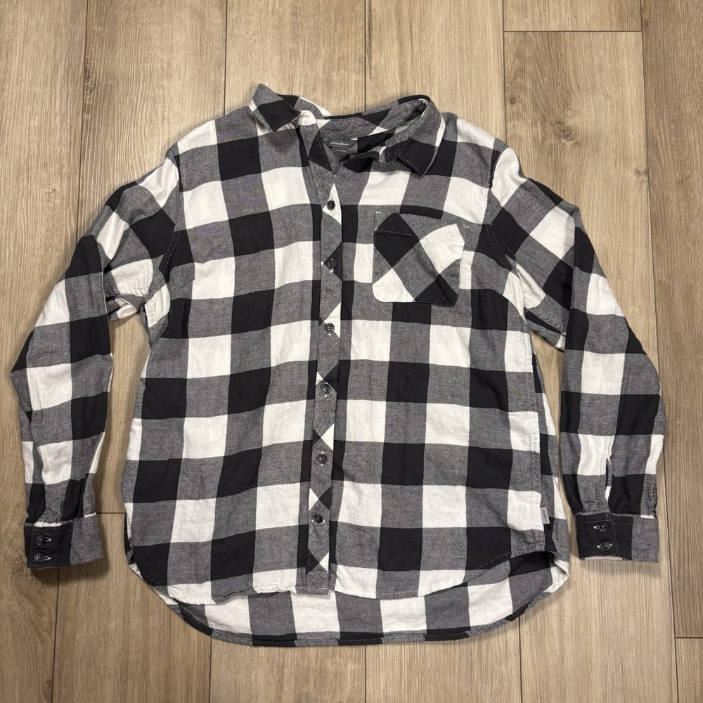 Eddie Bauer Womens L Gray Plaid Shirt Button Up Flannel 100% Cotton Pocket